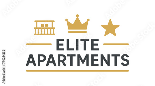 Flat vector banner design text ELITE APARTMENTS supporting icons of balcony crown and gold and gray tones isolated on white marketing approved bright palette with balanced saturation clean