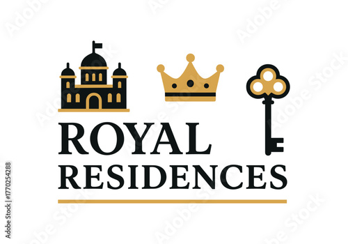Flat vector banner design text ROYAL RESIDENCES supporting icons of palace crown and key black and gold tones isolated on white marketing approved bright palette with balanced saturation