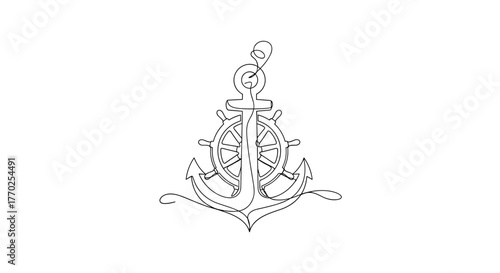 Elegant continuous single line art drawing of a ship's anchor combined with a classic nautical boat steering wheel, representing travel, freedom, and marine life.