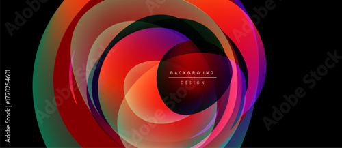 Abstract colorful layers create dynamic circular design. Gradient shades blend, forming modern background element. Vivid hues dominate composition.