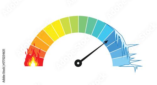 A vibrant temperature gauge with a needle indicating cold conditions, featuring a visual spectrum from hot flames to icy frost.