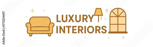 Flat vector banner design text LUXURY INTERIORS supporting icons of sofa lamp and window beige and gold tones isolated on white marketing approved bright palette with balanced saturation