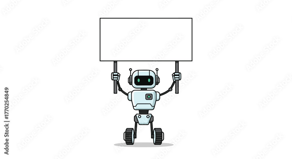 A friendly, pixel art robot holding a blank white sign or banner, ready for your custom message, against a clean white background.
