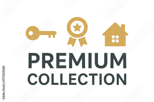 Flat vector banner design text PREMIUM COLLECTION supporting icons of key ribbon and house gold and gray tones isolated on white marketing approved bright palette with balanced saturation