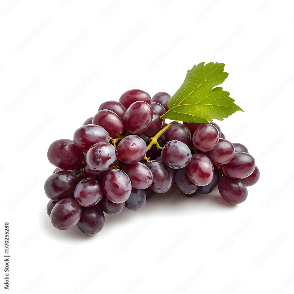 Fototapeta premium Fresh Bunch of Juicy Red Grapes with Green Stem Isolated on White Background