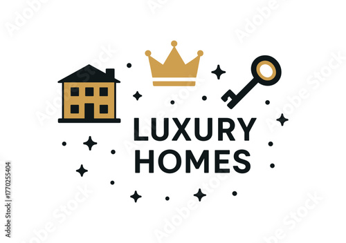 Flat vector banner design text LUXURY HOMES supporting icons of villa crown and key black and gold tones isolated on white marketing approved bright palette with balanced saturation clean