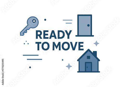 Flat vector banner design text READY TO MOVE supporting icons of key door and house blue and silver tones isolated on white marketing approved bright palette with balanced saturation clean