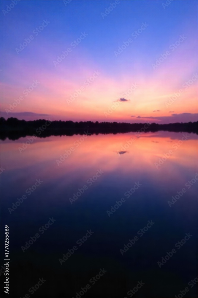 Fototapeta premium A still, calm body of water reflecting a serene sunrise or sunset, symbolizing peace, renewal, and spiritual reflection. A perfectly still, glassy body of water that mirrors a vibrant yet soft