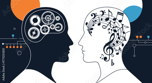 Conceptual illustration of two human heads, one filled with gears representing logical thought and the other with musical notes symbolizing creativity.