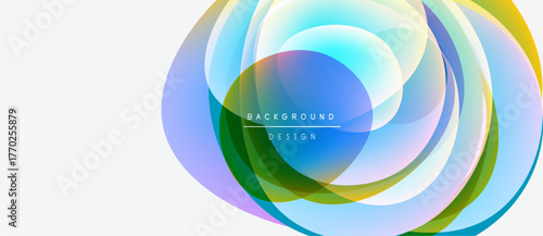 Abstract colorful layers create dynamic circular design. Soft gradients blend, forming modern background element. Visually appealing composition.