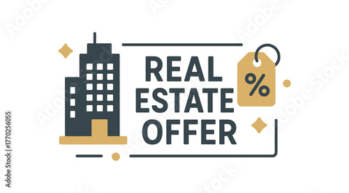 Flat vector banner design text REAL ESTATE OFFER supporting icons of building tag and percent gray and gold palette isolated on white marketing approved bright palette with balanced