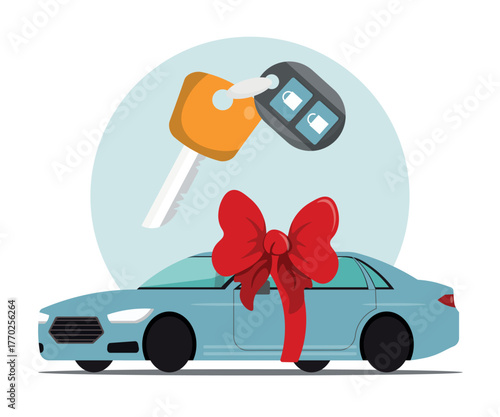 Vector illustration of buying a car, getting car keys. Cartoon scene of a beautiful new modern car tied with a big red bow, keys for opening and starting the car isolated on a white background.