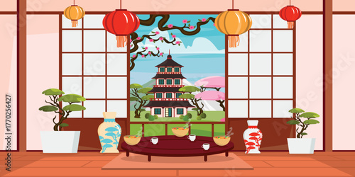 Vector illustration of a beautiful view from a building in a garden with a Japanese pagoda. Cartoon interior scene with table, hot dishes, drinks, vases, flowerpots, Japanese lanterns hanging, pagoda.