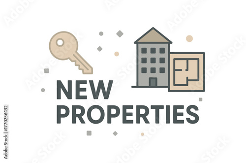 Flat vector banner design text NEW PROPERTIES supporting icons of key building and plan gray and beige palette isolated on white marketing approved bright palette with balanced saturation