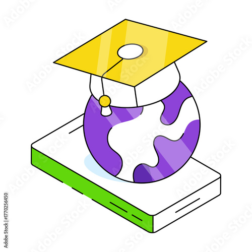 Globe with mortarboard, isometric design of global diploma 