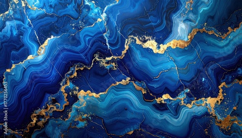 Abstract dark blue marble texture features liquid swirl pattern with luxurious gold vein accents throughout.