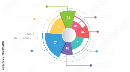 Modern Infographic Vector Template. Semicircular pie chart divided into 7 colorful sectors. Concept of eight features of startup project to select. vector illustration.