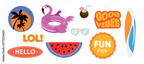 Set of summer symbols in cartoon style. Vector illustration of inflatable circle, cocktail, glasses, surfboard, watermelon, inscriptions: hello, lol, good mood, fun days isolated on white background.