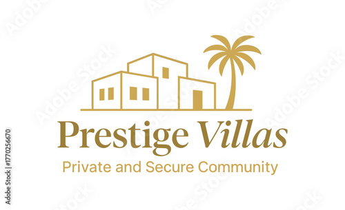 Flat vector banner design text Prestige Villas subtext Private and Secure Community typography Manrope + DM Serif Display Italic icons of villa and palm tree beige and gold tones isolated