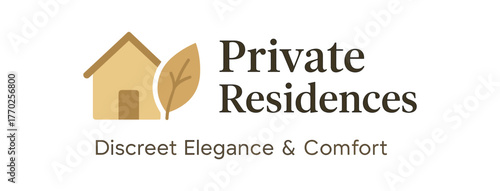 Flat vector banner design text Private Residences subtext Discreet Elegance & Comfort typography Raleway + DM Serif Display icons of house and leaf beige and gold tones isolated on white