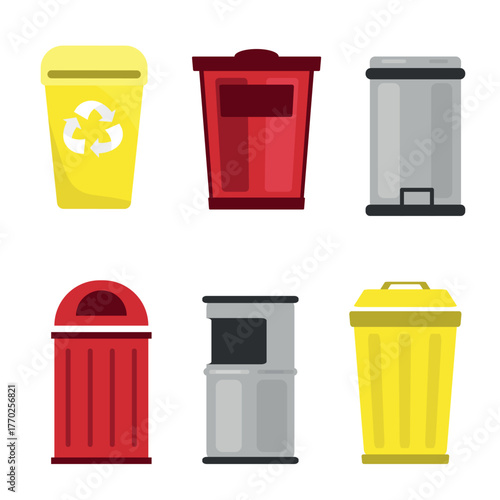Set of colored garbage cans, containers in cartoon style. Vector illustration of modern street garbage cans of various shapes, with recycling signs isolated on white background. Waste collection.
