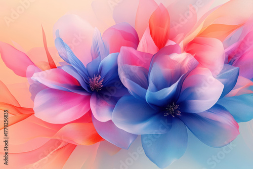 Fototapeta Naklejka Na Ścianę i Meble -  Abstract floral composition with blue and pink flowers and flowing fabric. This beautiful artwork features a close-up of delicate flowers with a dreamy, ethereal quality