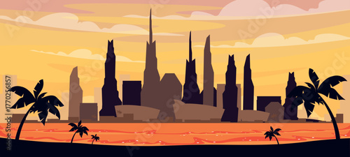 Vector illustration of the beautiful sunset landscape of Dubai. Cartoon scene of UAE, multi-storey, futuristic buildings, skyscrapers, landmarks, dark silhouettes of palm trees, sky with clouds.