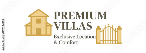 Flat vector banner design text Premium Villas subtext Exclusive Location & Comfort typography League Spartan + DM Serif Display icons of villa and gate beige and gold tones isolated on