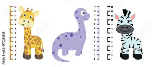 Set of cute rulers for measuring height in cartoon style. Vector illustration of children's wall height measures with numbers, animals: giraffe, dinosaur, zebra isolated on white background.