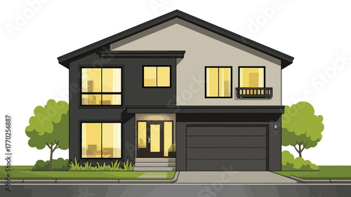 Illustration of a two story house with a garage and lawn on a sunny day with a white background