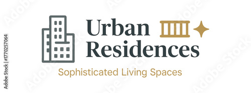 Flat vector banner design text Urban Residences subtext Sophisticated Living Spaces typography Manrope + DM Serif Display icons of building balcony and gray and gold palette isolated on