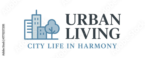 Flat vector banner design text Urban Living subtext City Life Harmony typography Raleway + DM Serif Display icons of skyline and tree silver and blue tones isolated on white marketing