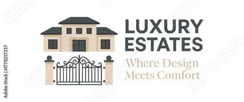 Flat vector banner design text Luxury Estates subtext Where Design Meets Comfort typography League Spartan + Playfair Display icons of villa and gate beige and gray palette isolated on