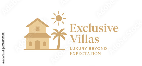Flat vector banner design text Exclusive Villas subtext Luxury Beyond Expectation typography Montserrat + Playfair Display icons of villa palm and sun beige and gold tones isolated on white