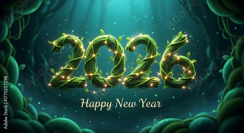 Enchanted Forest New Year 2026 with Glowing Vines and Twinkling Lights Happy New Year nature