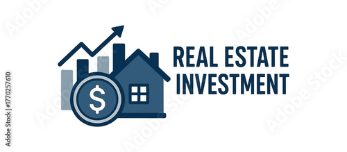 Flat vector banner design text REAL ESTATE INVESTMENT supporting icons of chart coin and house navy and silver tones isolated on white marketing approved bright palette with balanced