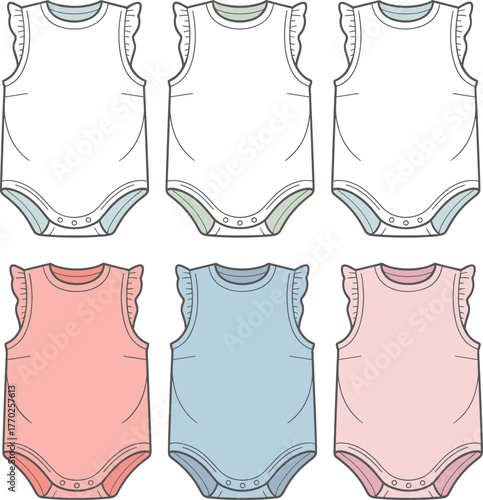 Baby bodysuit vector illustration, sleeveless romper with frill detail, infant clothing mockup, cute baby outfit design template