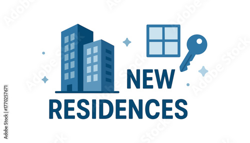 Flat vector banner design text NEW RESIDENCES supporting icons of modern building window and key blue and silver tones isolated on white marketing approved bright palette with balanced