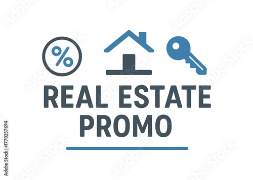 Flat vector banner design text REAL ESTATE PROMO supporting icons of percent house and key gray and blue palette isolated on white marketing approved bright palette with balanced saturation