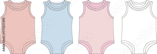 Baby girl sleeveless bodysuit vector set, infant ruffle neck romper clothing template, babywear fashion CAD design illustration