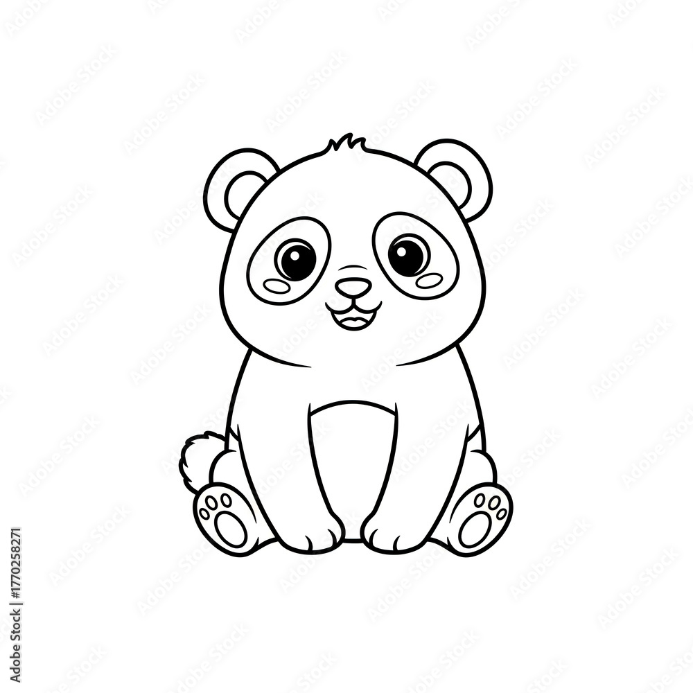 Naklejka premium Cute baby panda line art illustration for kids coloring book, black and white cartoon drawing with clean outlines and white background.