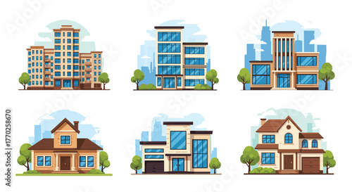 Flat design vector illustration featuring a variety of modern and traditional residential and commercial buildings in urban and suburban settings.