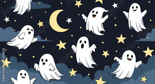 Cute friendly ghosts floating in a dark night sky with a crescent moon and stars, a whimsical Halloween seamless pattern illustration