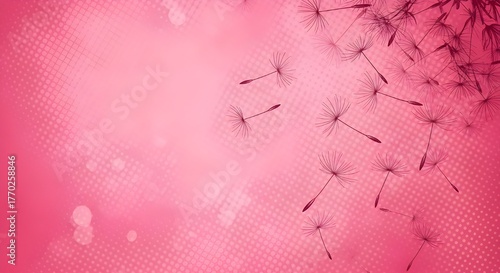 Soft focus pink background with delicate dandelion seeds floating