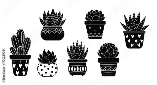 Cute black and white cartoon illustrations of potted succulents and cacti with various decorative patterns, isolated on white.