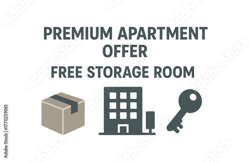 Premium apartment offer free storage room banner with building and key icons. Real estate promotion design. Flat vector illustration.