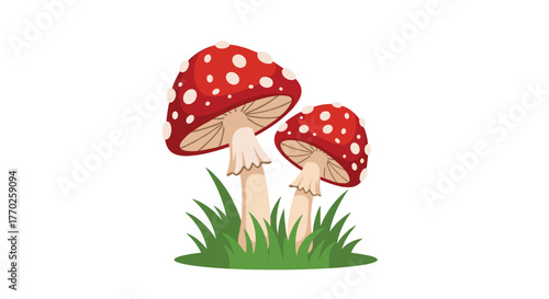 A vibrant cartoon illustration depicting two classic red and white spotted fly agaric mushrooms with frilly stems, nestled in green grass.
