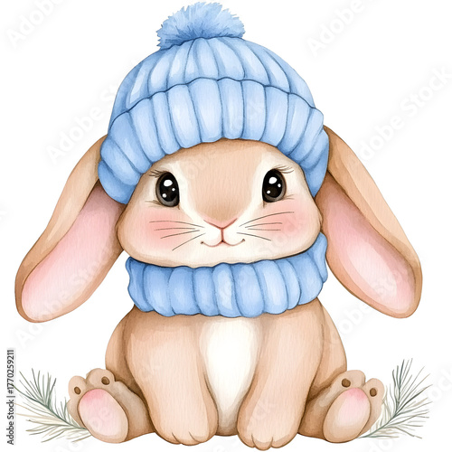 Cute baby rabbit bunny wearing knitted blue winter hat looks happy. whimsical and adorable animal character