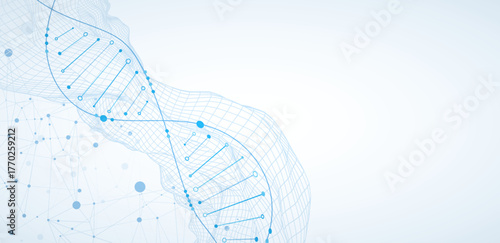 Abstract image of DNA molecule on wireframe wave. Scientific vector background.