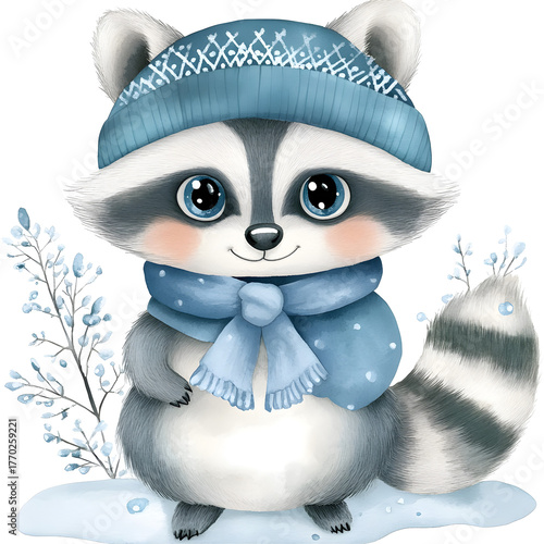 Cute happy raccoon cartoon character wearing winter hat and scarf in snow. An enchanting and adorable animal